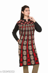 Black wool A-line self-design kurti with printed combo, long sleeves, women's winter wear