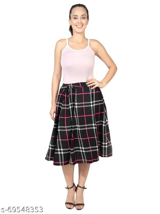 Navy blue small dot Fuchiya print mid calf length women's IBPanel polyester skirt combo, 27 inches long flared skirt in sizes 26-34 (India origin)