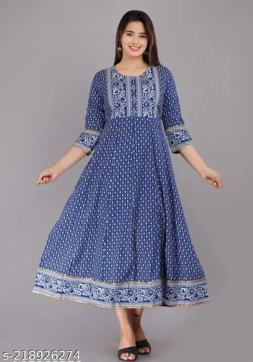 Royal blue rayon kurtis with three-quarter sleeves and printed combo, single sizes available from S to 4XL on display