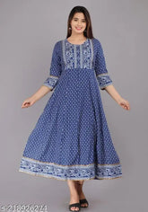 Royal Blue Printed Rayon Kurtis with Three-Quarter Sleeves and buttons, popular Indian fashion on mannequin