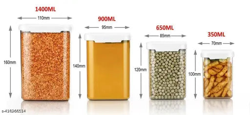 Transparent pet plastic airtight canister set (350ml, 650ml, 900ml, 1400ml), food-grade & BPA-free, shatterproof stackable containers for kitchen storage