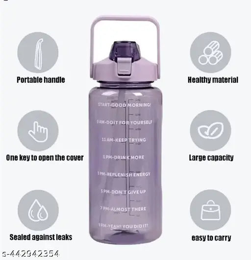 Transparent 2L water bottle, BPA-free, leakproof with straw, multicolor pack of 1 (Gym, yoga, office, sports use)