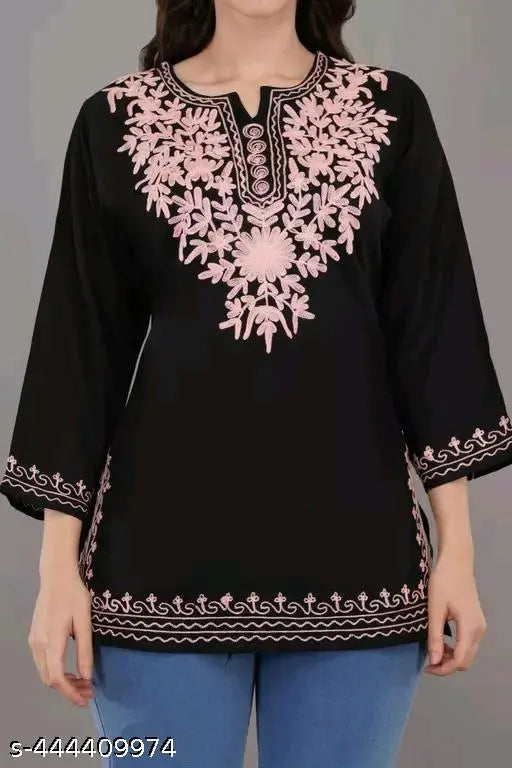 Hand-embroidered Rayon Casual Kurta Top, Trendy Lucknow Chikankari style with three-quarter sleeves
