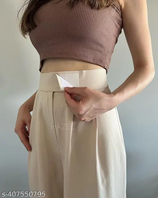 Beige cotton blend women's daily Velcro trouser pants - versatile for both casual and formal wear, perfect blend of comfort and style