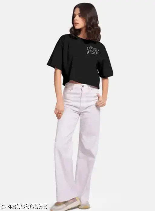 Women's cotton blend printed crop tops, short sleeves for office, casual wear - set of 2 sizes S-XL