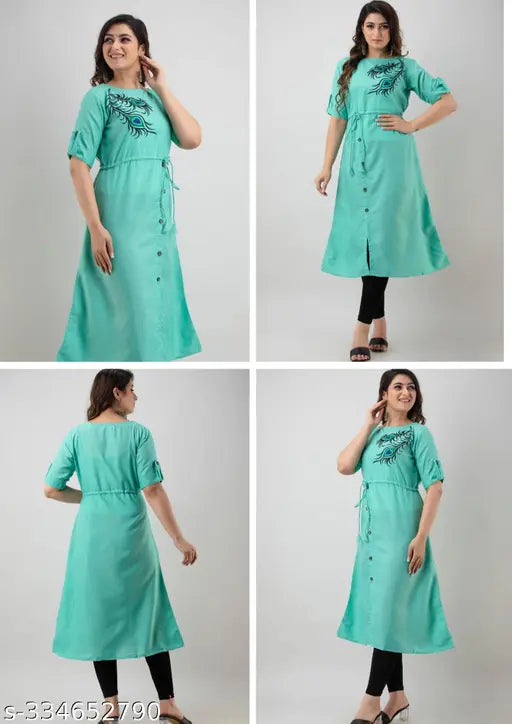 Slub cotton stitched Aline Kurti for women, solid color, three-quarter sleeves. Women's fashion, Indian ethnic wear on mannequin