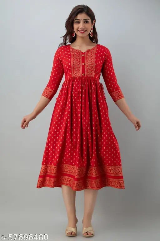 Gold Rayon Anarkali dress, three-quarter sleeves, printed combo for women on display