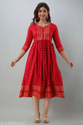 Gold Rayon Anarkali dress, three-quarter sleeves, printed combo for women on display