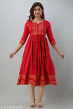 Gold Rayon Anarkali dress, three-quarter sleeves, printed combo for women on display