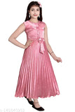 Stylish satin pink pleated party dress for girls, sleeveless, India-made, ideal for special occasions