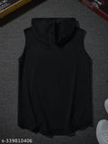 Trendy sleeveless polyester gym t-shirt for men in hoodie style, printed net design. Available in sizes M (40in chest), L (42in chest), XL (44in chest), XXL (46in chest). Made in India