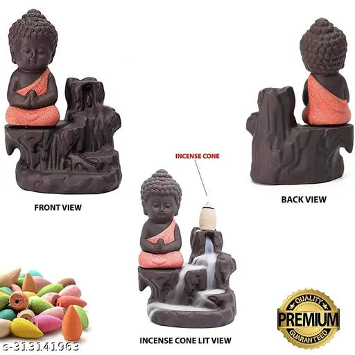 Resin Buddha backflow smoke fountain with 10 pc cone incense, natural aroma for home decor, handcrafted Indian statue