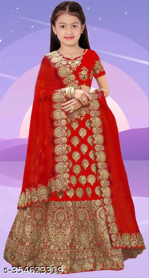 Red taffeta silk readymade lehenga choli and dupatta set for kids, embroidered with short sleeves, semi-stitched in India
