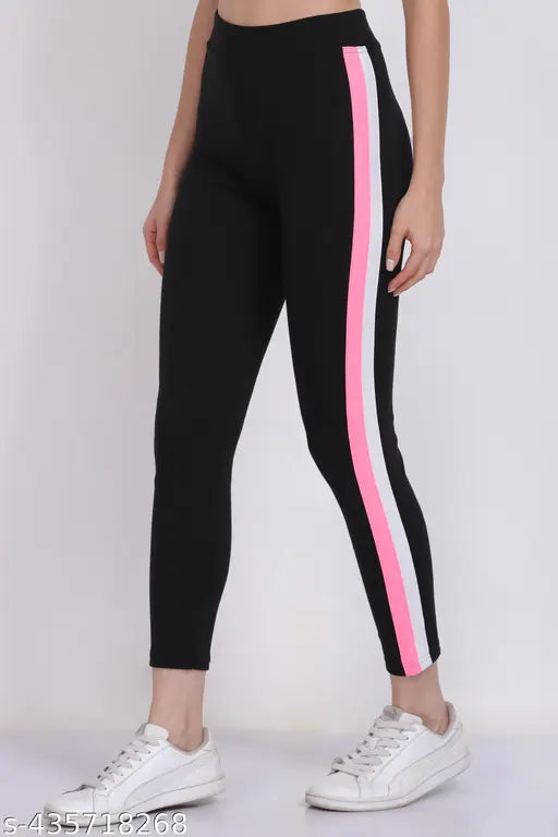 Striped cotton blend ladies jeggings, comfortable side patty design