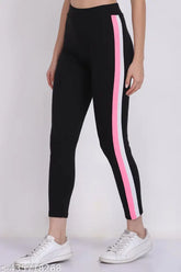 Striped cotton blend ladies jeggings, comfortable side patty design