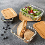 Modern square glass containers (280ml, 460ml, 750ml), airtight, wooden lids, eco-friendly, kitchen organization