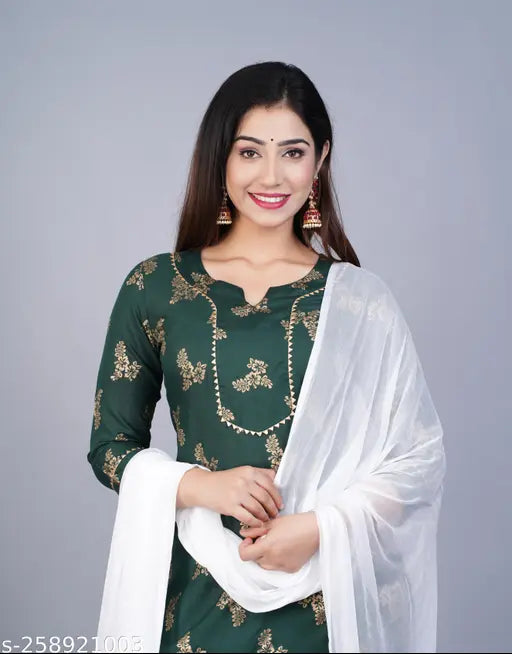 Rayon printed kurta sharara set with dupatta and bottomwear, three-quarter sleeves, pack of 3 (India)