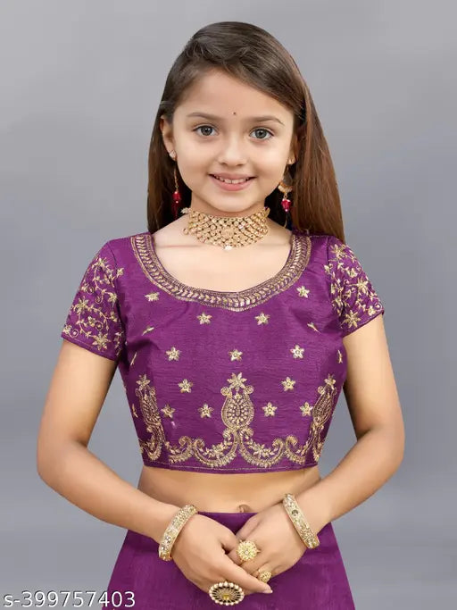 Baby Girls Banglory Semi Stitched Lehenga Choli: Silk blend, embroidered lehenga and choli with net dupatta, purple color, suitable for casual, party, festival, or wedding wear, dry wash or normal hand wash, made in India