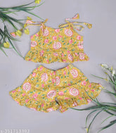 Pure cotton, multi-colored floral printed kids girls top & shorts (yellow) - casual outfit for playdates or family gatherings, country of origin: India