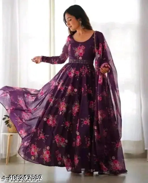 Trendy new printed Georgette gowns, long sleeves, various sizes available (S-XXXXL), Indian origin