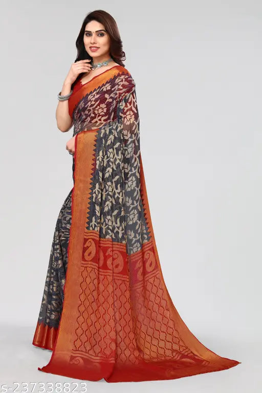 Grey Brasso floral printed chiffon saree with chiffon running blouse for women, free size, made in India