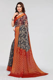 Grey Brasso floral printed chiffon saree with chiffon running blouse for women, free size, made in India