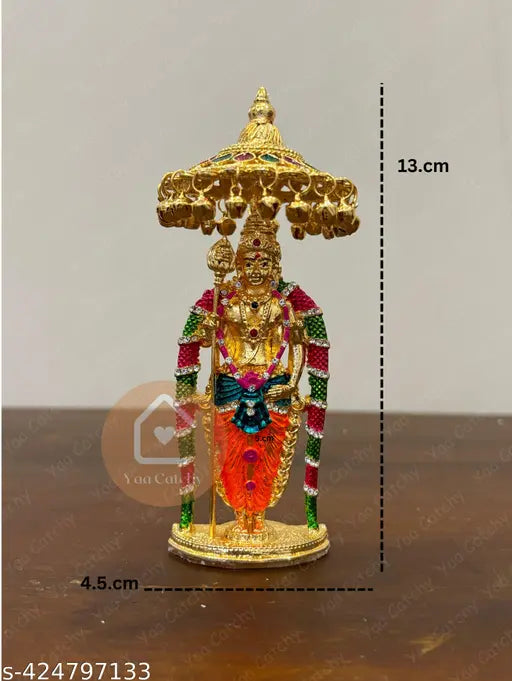 Gold Murugan Idol with crystal stones, Hindu god Kartikeya for car dashboard (4.5cm x 13cm x 5cm)