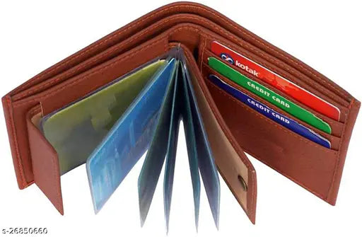 Brown PU two-fold men's wallet, solid pattern, free size (9cm x 11cm), features 8 card slots, India origin