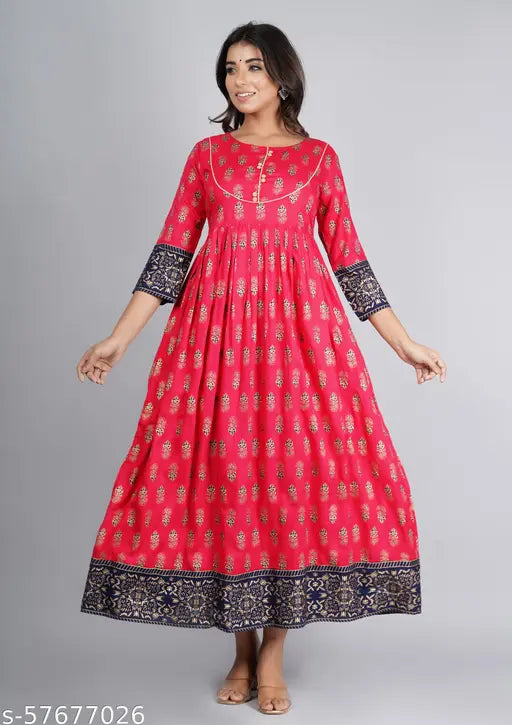 Rayon flared kurta, Jaipuri Collection print, three-quarter sleeves, vibrant Indian fashion