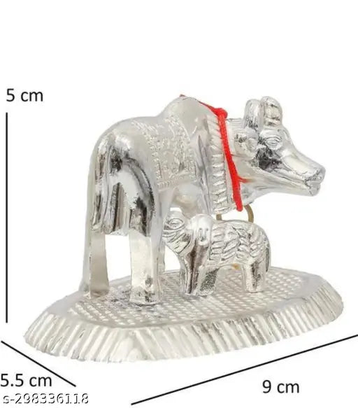 Silver-plated brass Kamdhenu cow statue with calf, Indian animal figurine
