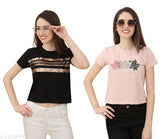 Cotton crop t-shirts (pack of 2) - women's printed net style, ideal for western clothing