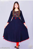 Rayon embroidered three-quarter sleeve #03 latkan blue kurti, India-made women's fashion