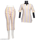 Multicolor striped cotton blend night suit set for women, comfortable short kurti pant set in soft cotton blend pattern