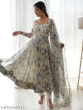 Georgette Delta Grey PataWhite printed net gown with long sleeves for women, size M, India origin