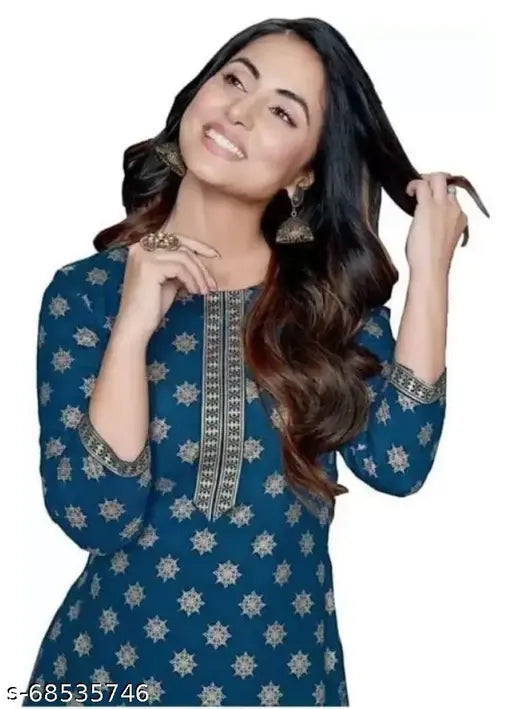 Blue rayon printed kurti with palazzo, three-quarter sleeves, single set in India