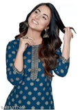 Blue rayon printed kurti with palazzo, three-quarter sleeves, single set in India