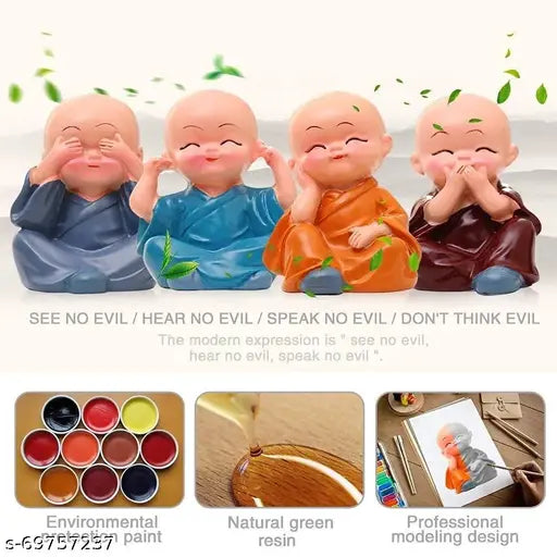 Multicolor ceramic Buddha monks figurines, intricate Indian artistry for home decor, living room or office use