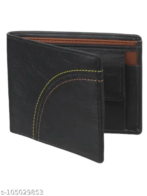 Black PU leather tri-line thread design men's wallet with 2 compartments, free size (11cm x 9cm)