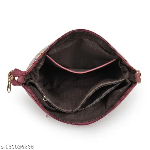 Voguish printed net leather slingbag, exclusive design by WOMEN MARKS, free size (15x3.5x7.3 inches), features 1 external and 2 main compartments, 1 inner pocket, and 1 mobile pouch