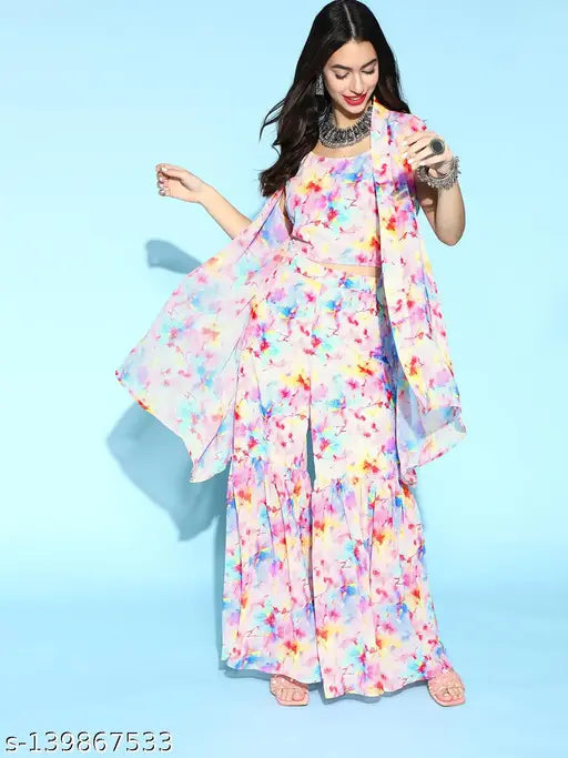Multi-colored Georgette flared top, shrug, and sharara set for women, vibrant printed design from India