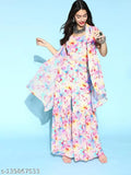 Multi-colored Georgette flared top, shrug, and sharara set for women, vibrant printed design from India