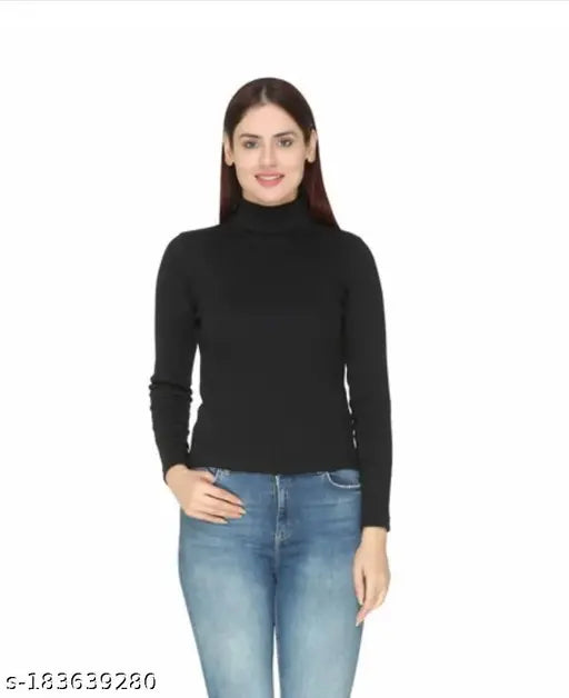 Cotton high neck premium long sleeves top by Ooksin, solid color for women