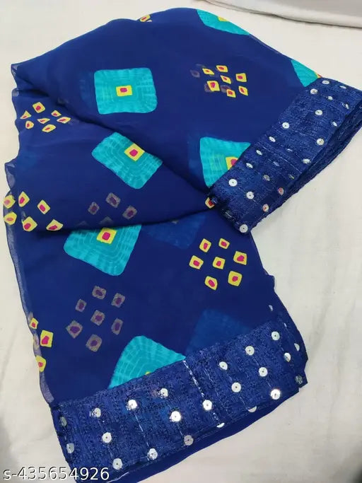 Beautiful Georgette mirror work saree, India-origin, free size (5.5m), printed pattern