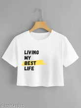 White cotton blend women's crop top with printed design, short sleeved and available in sizes S, M, L, XL. Made in India