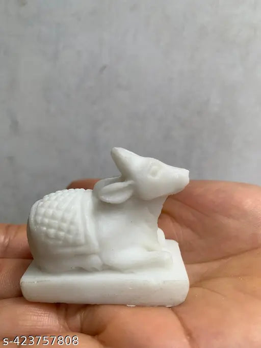 White marble Shiv Nandi idol, 2 inches for Pooja Mandir. Handcrafted statue from India