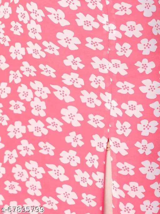 Georgette checkered pink printed front slit skirt, size 30/32/34, lined, Indian origin