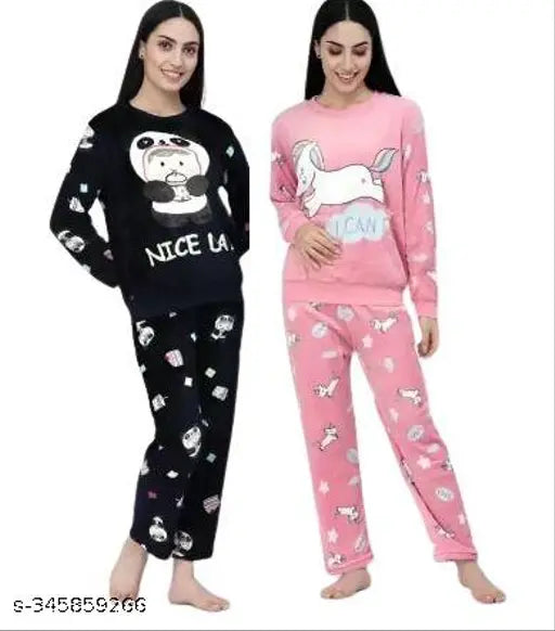 Women's woolen winter nightsuit combo with long-sleeved printed pyjamas, available in sizes M and L (38in/25in, 28in/36in and 40in/25in, 30in/37in respectively). Premium quality Indian-made woolen velvet nightwear