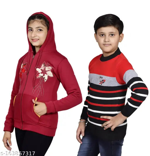Striped wool sweatshirt pack for kids: 1 girl's & 1 boy's sweater (ages 11-12), made in India