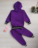 Cotton blend hoodie style sweater set for kids, printed top and solid bottom, three-quarter sleeves. Indian-made children's clothing." (92 characters)