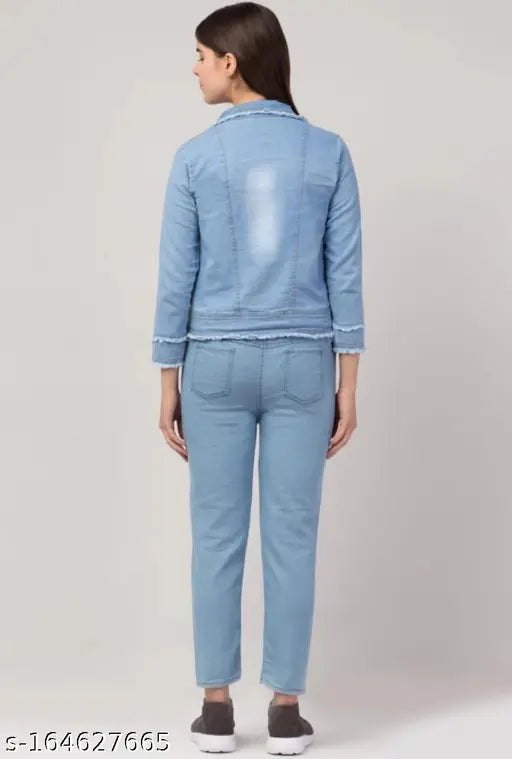 Star light blue denim women's jacket & jogger set - solid pattern, long sleeves, size S-XL from India